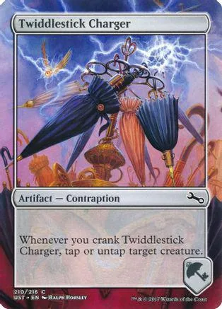 Blue and purple Magic: The Gathering card, Twiddlestick Charger, showing a mechanical device.
