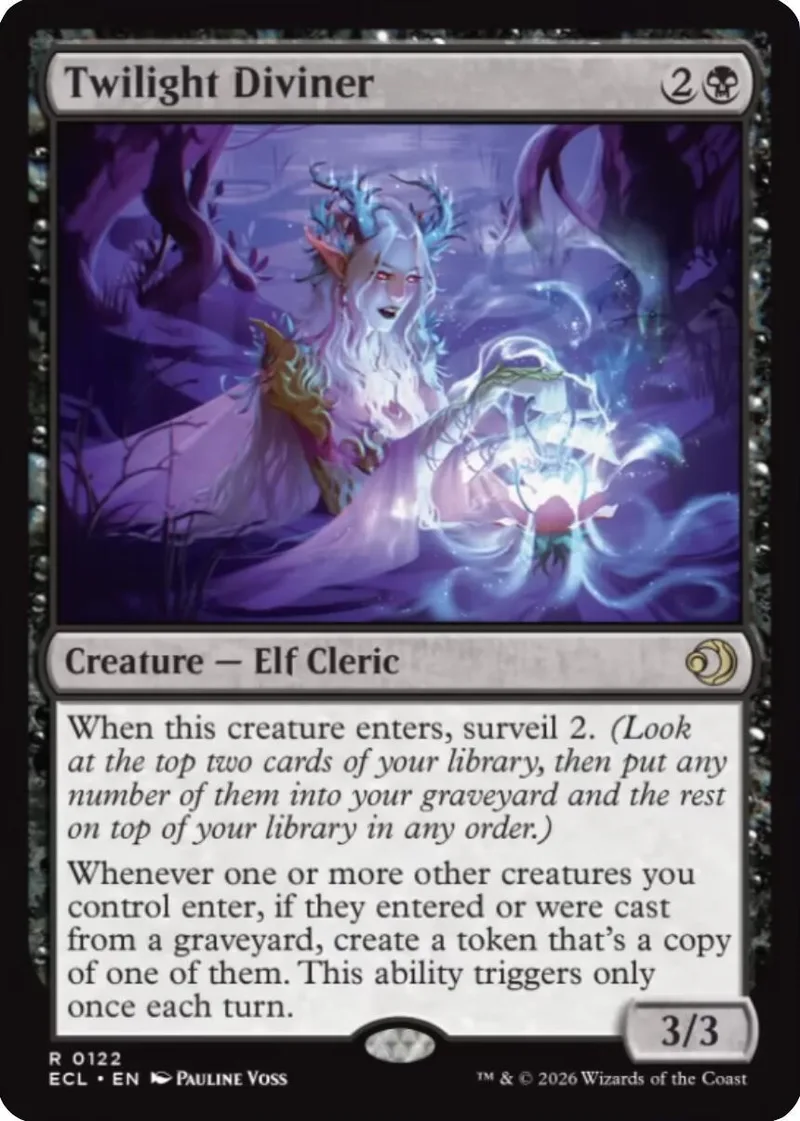 Elf cleric card art, pale blue figure in dark, purple forest setting.