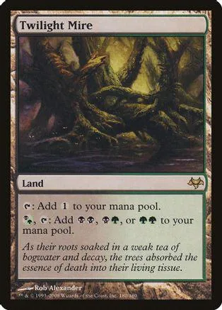 Dark, mossy forest landscape on a Magic: The Gathering Twilight Mire land card.