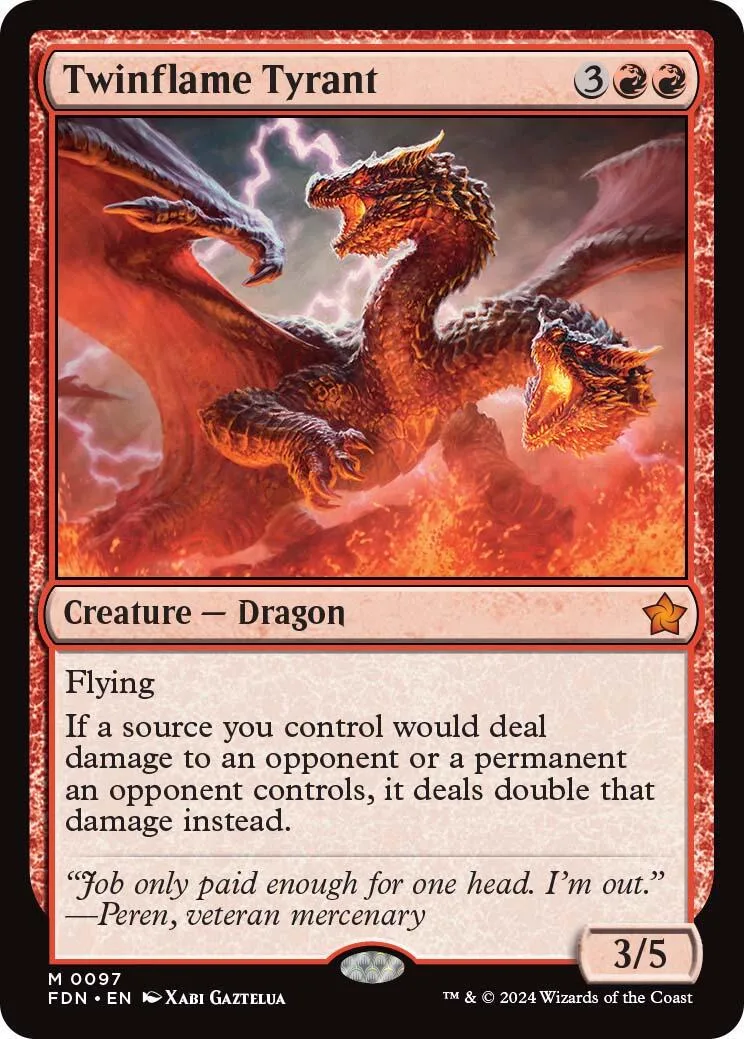 Red and black dragon creature card, Twinflame Tyrant, showing fiery action.