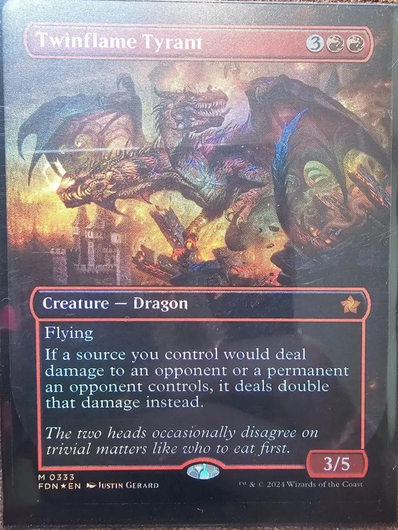 Dragon creature card, fiery scene, black and orange colors, 3/5 stats.