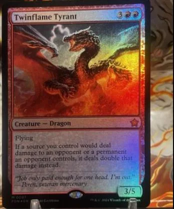 Dragon creature card, Twinflame Tyrant, fiery red and orange artwork.