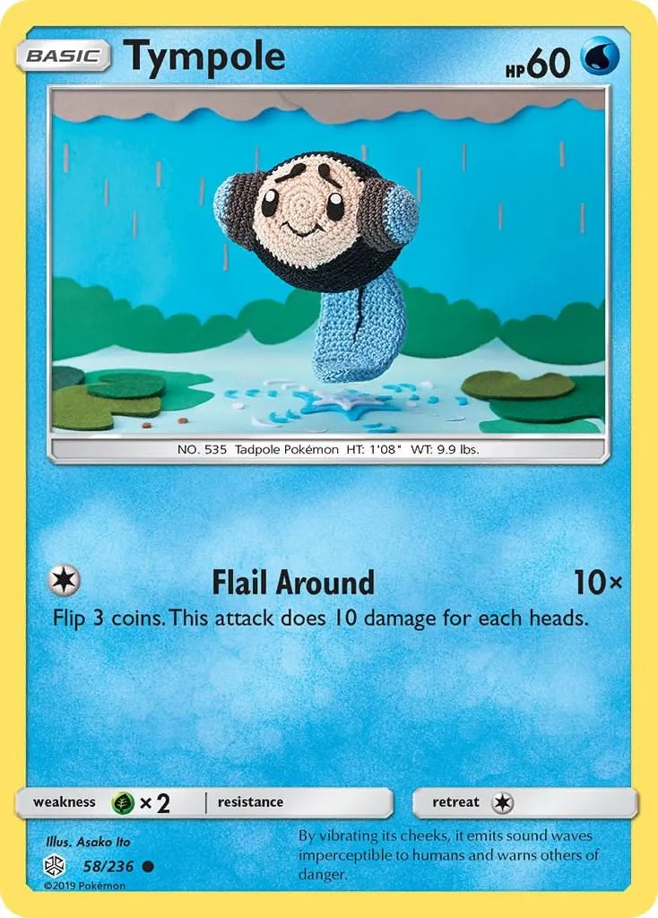 Blue and white plush creature on a Pokémon card with attack text.