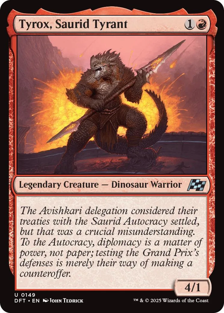 Dark, scaly dinosaur warrior with sword against fiery background on trading card.