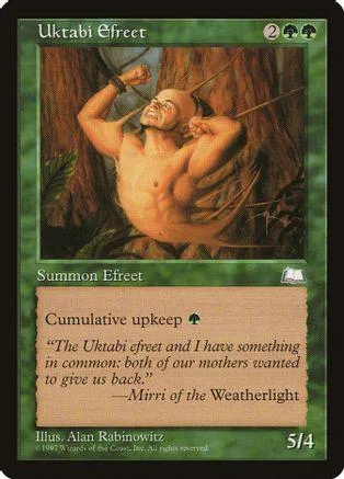 Card art shows a muscular man being pulled by ropes in a forest setting.