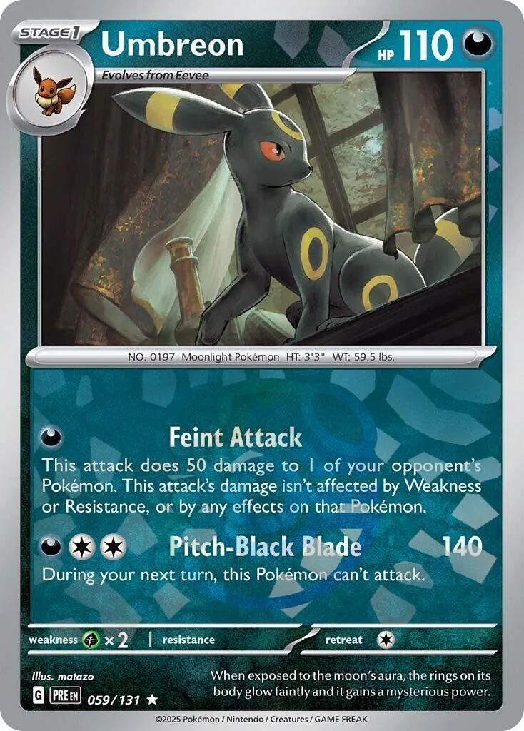 Dark, black and yellow Pokémon card, Umbreon, with attack details.
