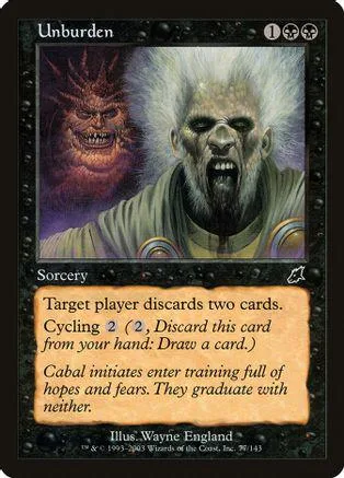 Sorcery card art: bearded man with wild white hair, dark background.