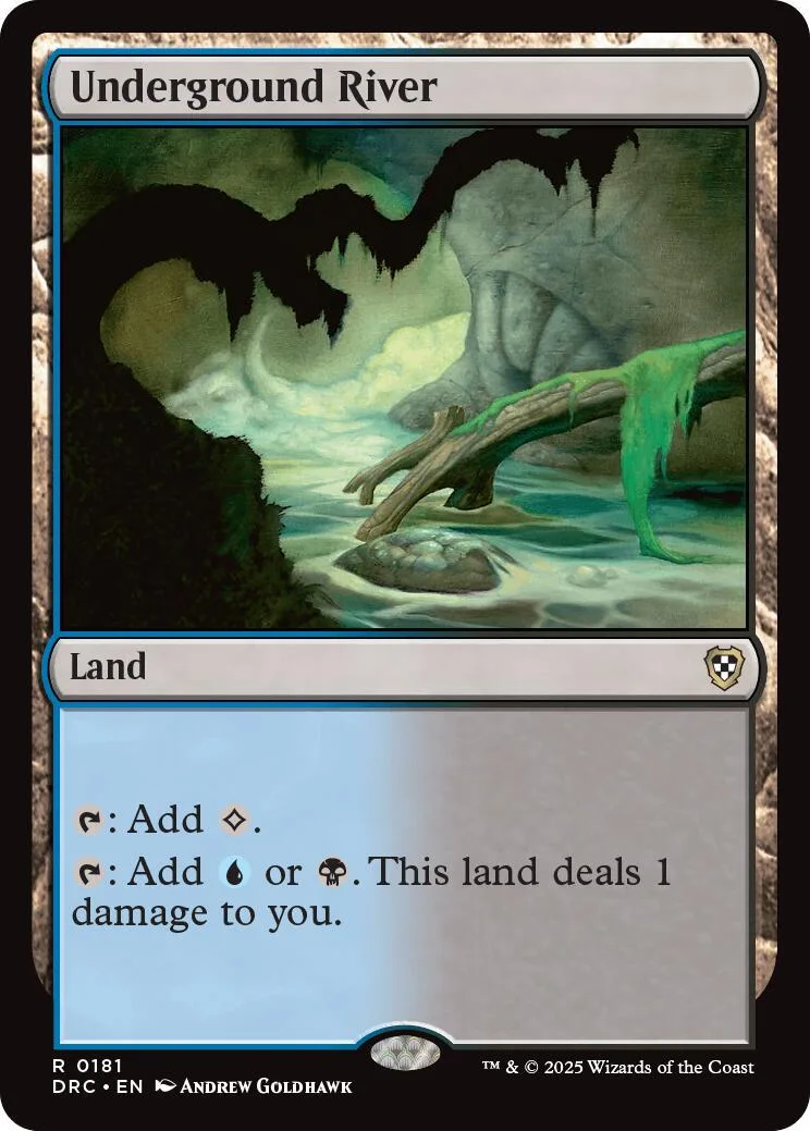 Magic: The Gathering card, Underground River, blue and green swamp scene.