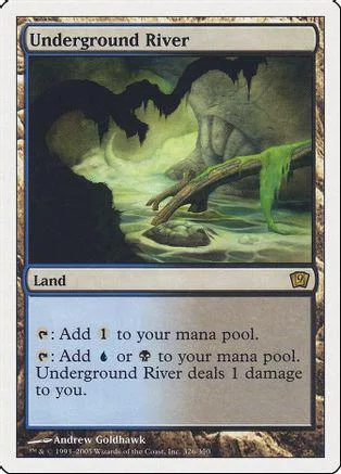 Green and dark river landscape on a Magic: The Gathering land card.