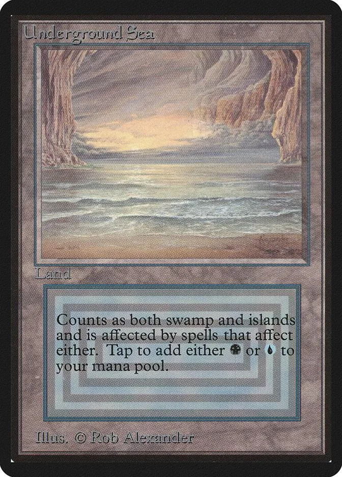 Magic: The Gathering Underground Sea land card art, showing a misty sea between cliffs.
