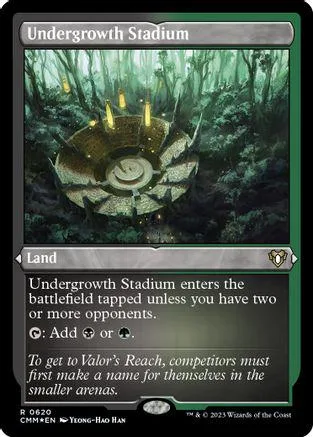 Green stadium structure in a dark, overgrown forest setting. Magic: The Gathering card.