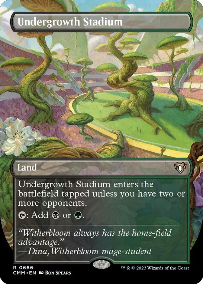 Green and brown fantasy stadium card art with mushroom-like trees.