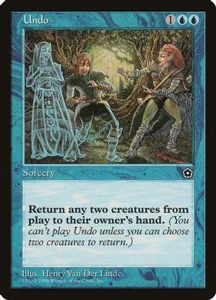 Blue and green fantasy art card, "Undo," showing figures in a forest setting.