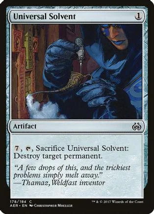 Blue-toned card art shows a figure in a hood pouring liquid. Universal Solvent artifact.