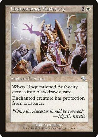 Card art depicts winged figure above dark creatures. Unquestioned Authority card.