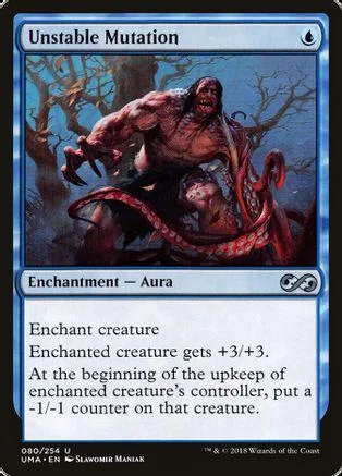 Creature card art: muscular figure in dark forest, red and blue tones.