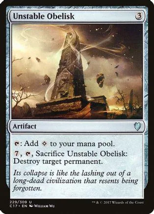 Dark, towering obelisk on a battlefield, black and brown tones. Magic: The Gathering card.