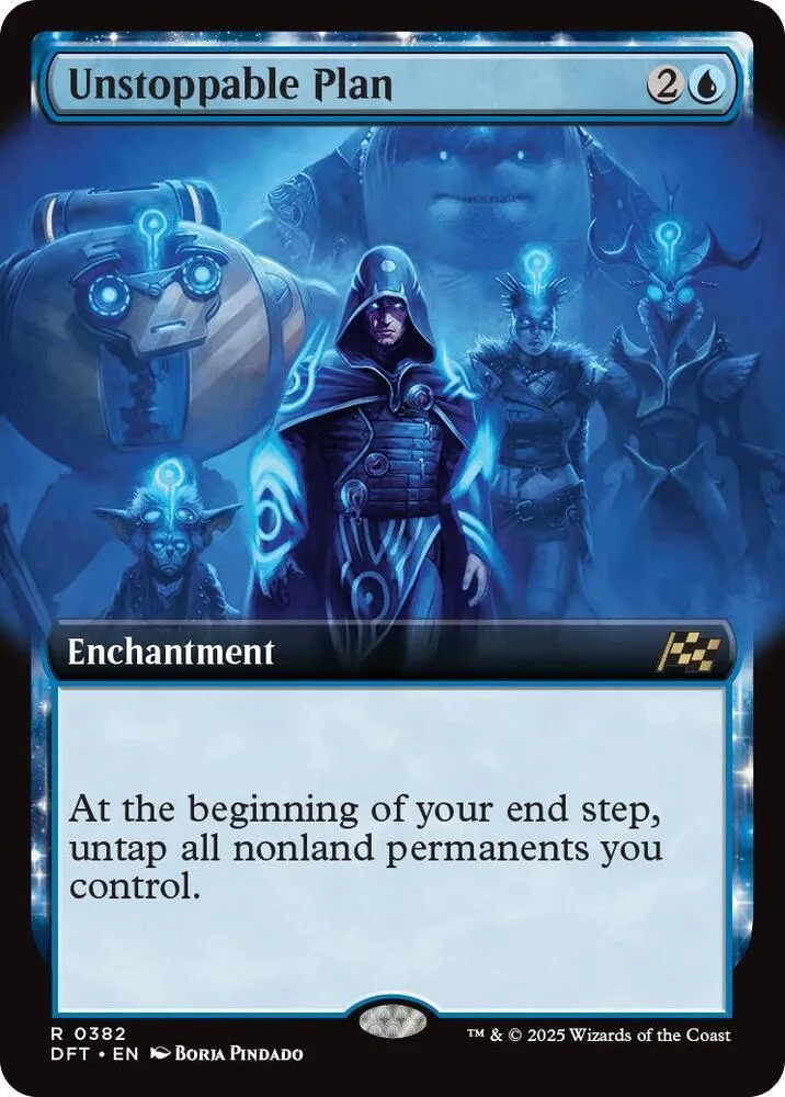 Blue and black Magic: The Gathering card, Unstoppable Plan, enchantment.