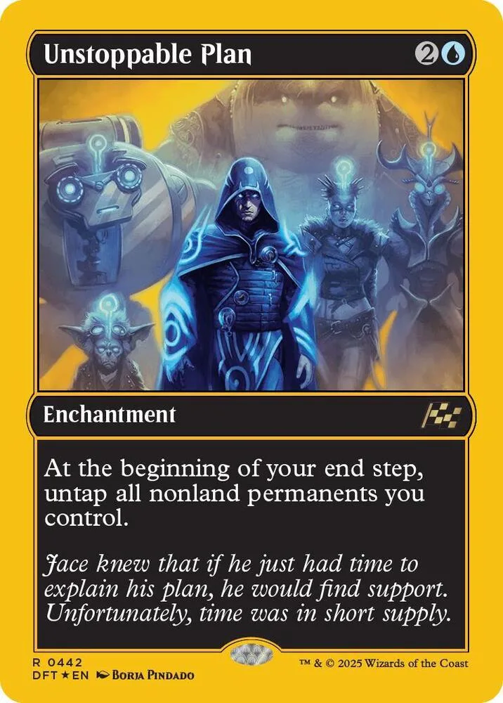 Magic: The Gathering card, Unstoppable Plan, featuring blue and dark fantasy art.