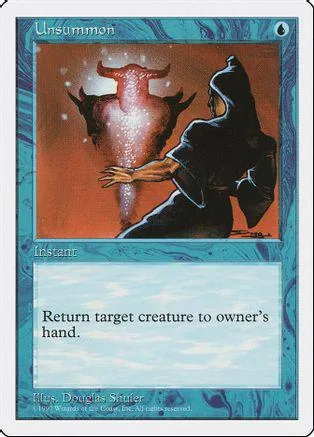 Dark figure casts spell on glowing, horned creature on fantasy card.