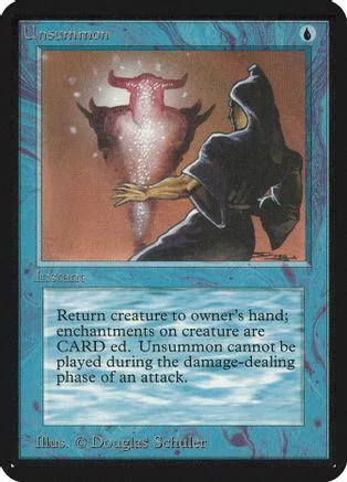 Card art depicts hooded figure facing glowing, horned creature. Blue and brown tones.