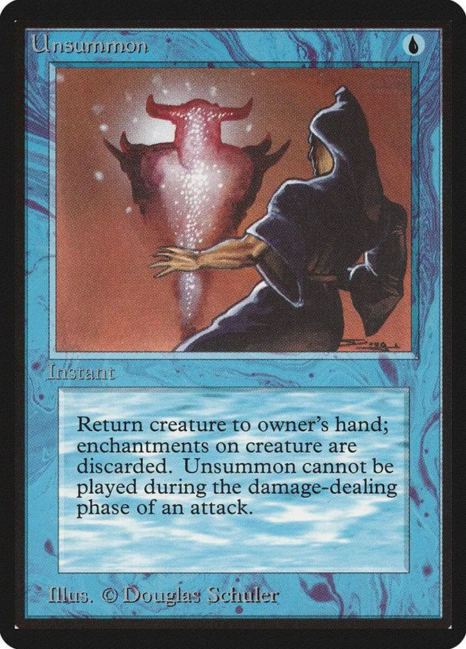 Blue and red fantasy art card featuring a cloaked figure and a glowing creature.