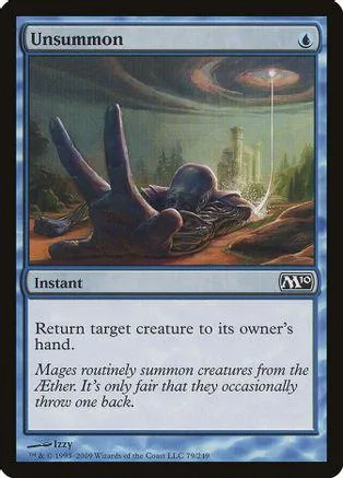 Blue and black Magic: The Gathering card, "Unsummon," showing a hand gesture.