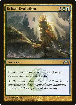 Magic: The Gathering card, Urban Evolution, green and blue art, Sorcery.
