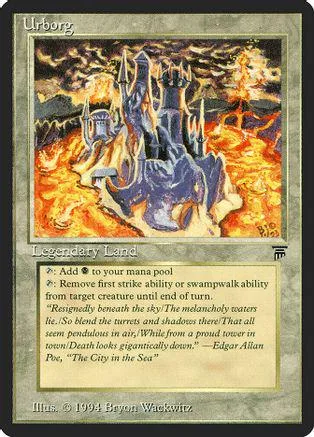 Dark, fiery landscape with blue castle on a Magic: The Gathering card.