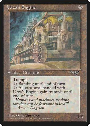 Steampunk engine artwork on a Magic: The Gathering card, brown and green tones.