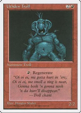 Blue troll creature on a card with dark background and text.