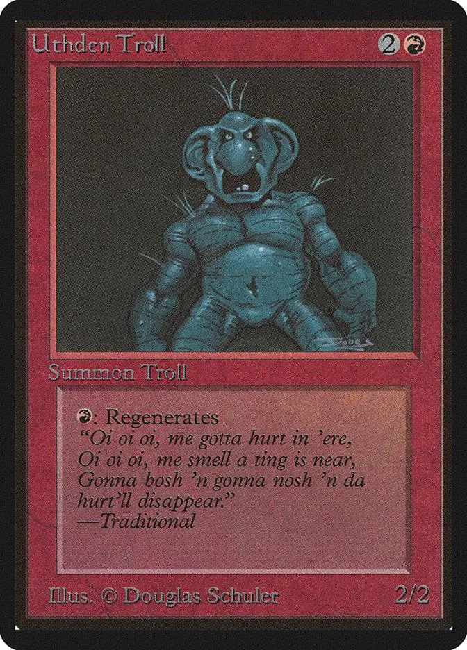 Blue troll creature card art with red border and text.