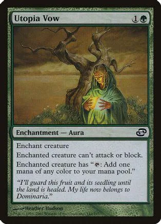 Card art shows a hooded figure under a large, gnarled tree. Utopia Vow enchantment.