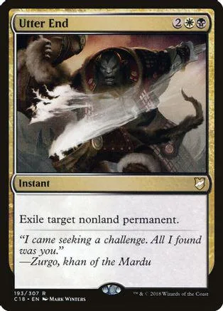 Dark figure with sword on a card titled "Utter End." Black and brown tones.