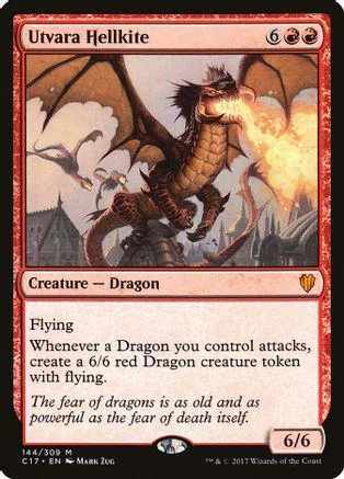 Red dragon creature on a card with fiery breath, showing 6/6 stats.