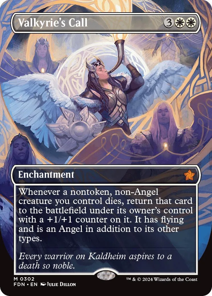 Card art: winged figure with horn, blue and white tones. Enchantment card.
