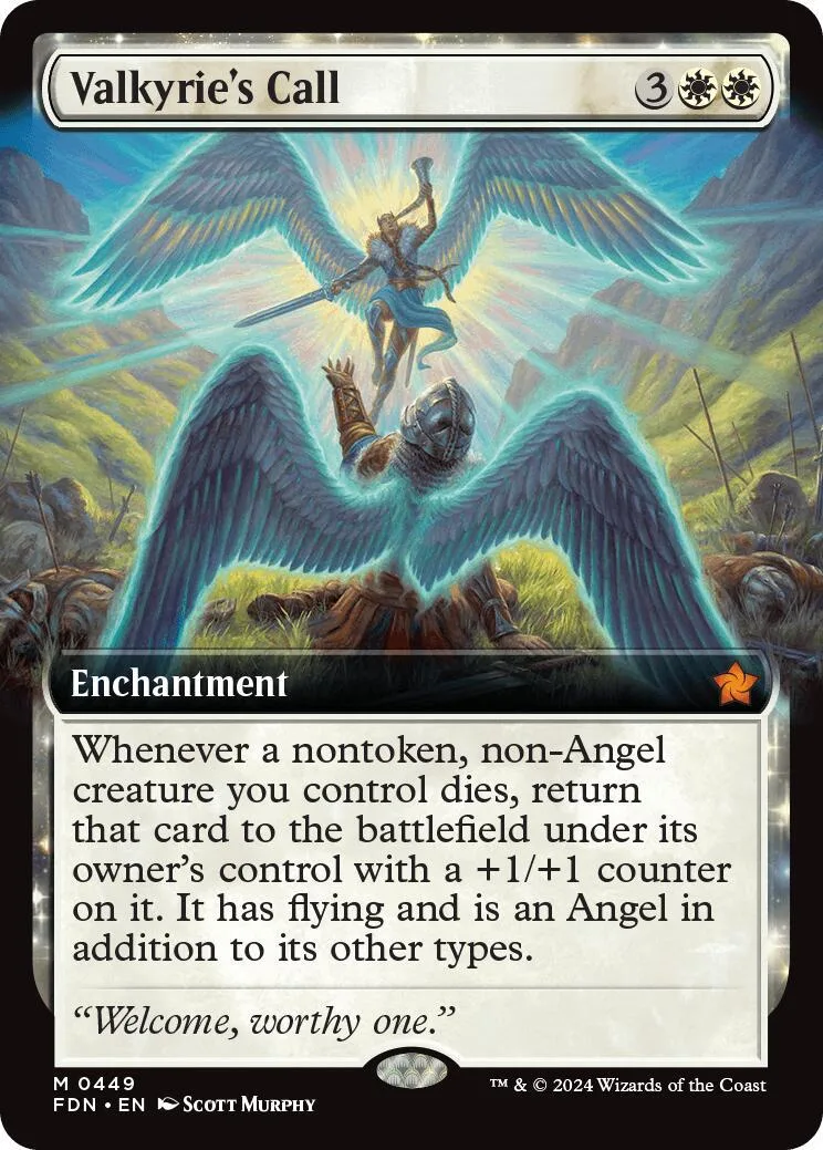 Card art depicts winged figure above a landscape. Text reads "Valkyrie's Call.