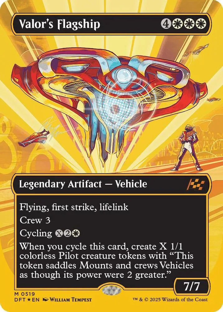 Red and gold vehicle art on a collectible card with text and symbols.