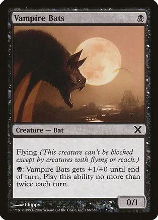 Black bat flying against a large orange moon on a trading card.