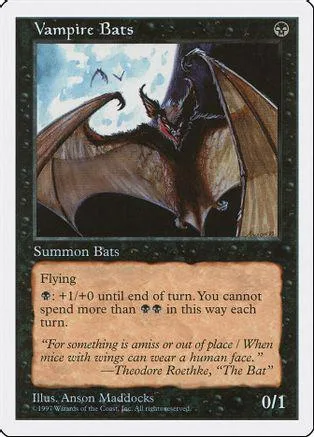 Dark vampire bats with large wings on a blue and black card.