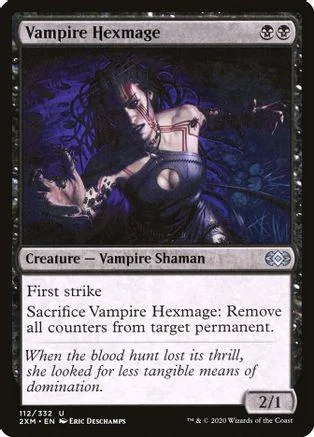 Dark-haired vampire shaman creature card with purple and black artwork.