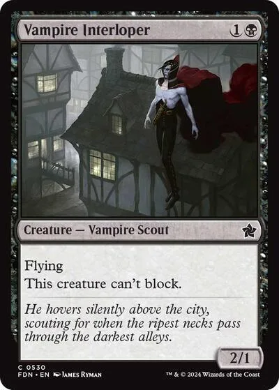 Vampire Interloper card art: figure in dark cloak overlooking a city at night.