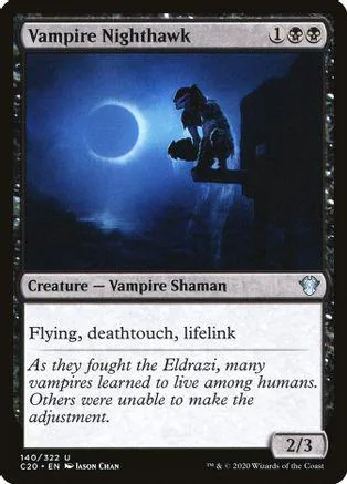 Dark blue scene: shadowy creature on ledge under a full moon. Vampire Nightthawk card.