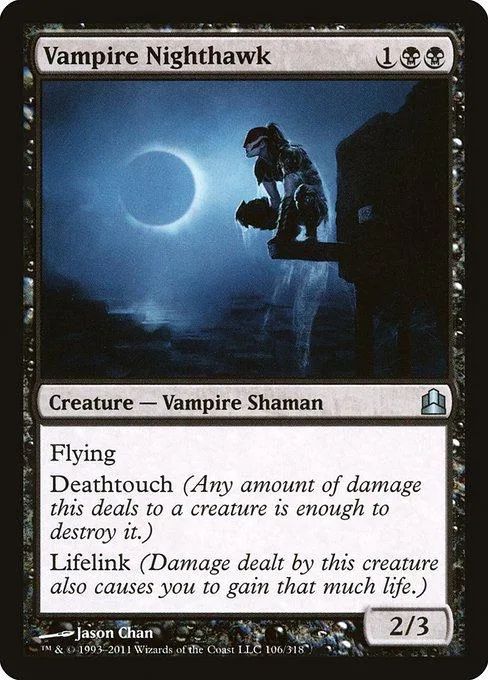 Dark creature on a platform under a pale moon. Vampire Nightthawk card.