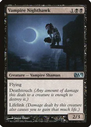 Dark vampire shaman creature card, black and blue tones, showing a silhouette against a moon.