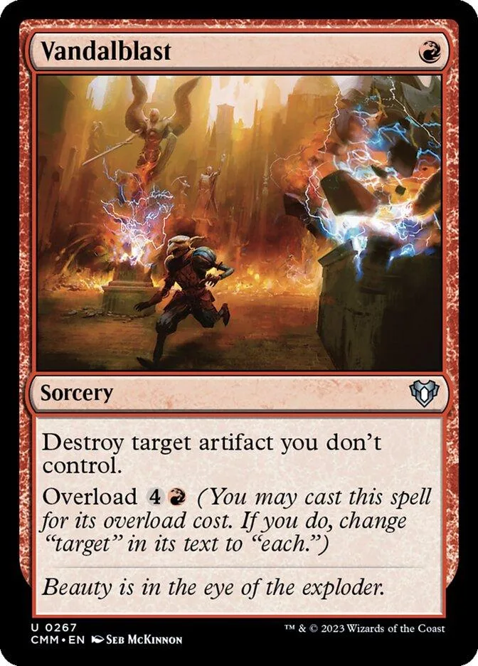 Magic: The Gathering card, Vandalblast, featuring a fiery, chaotic battle scene.