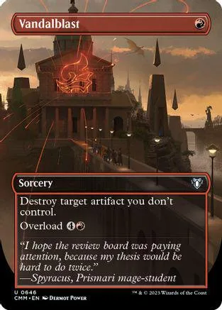 Magic: The Gathering card art showing a fiery, imposing building at sunset.