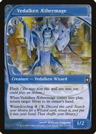 Blue wizard figure on a card with gold and blue tones.