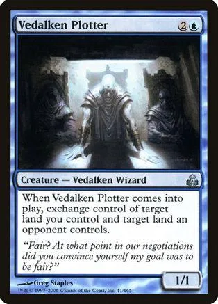 Wizard figure in dark, imposing setting on a blue Magic: The Gathering card.