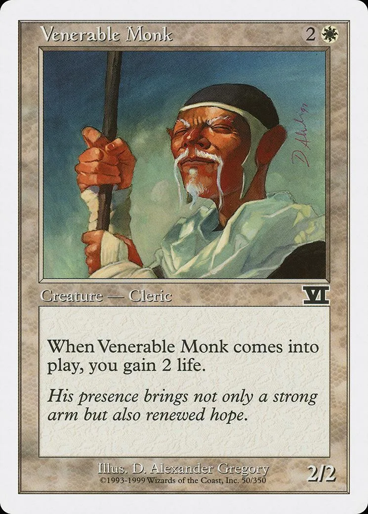 Card art of an older man with a staff, titled "Venerable Monk.